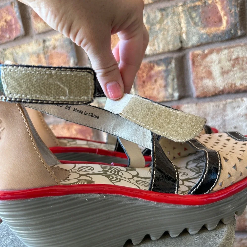 Fly London Ynes Beige Black Red Patent Leather Wedge Sandal  Womens 38 Quirky